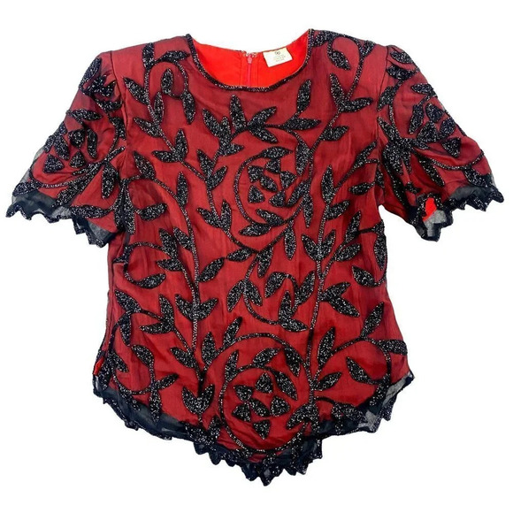 Vintage Sequin Top Womens Medium Silk Cocktail Black Red Heavy Embroidered - Picture 1 of 16